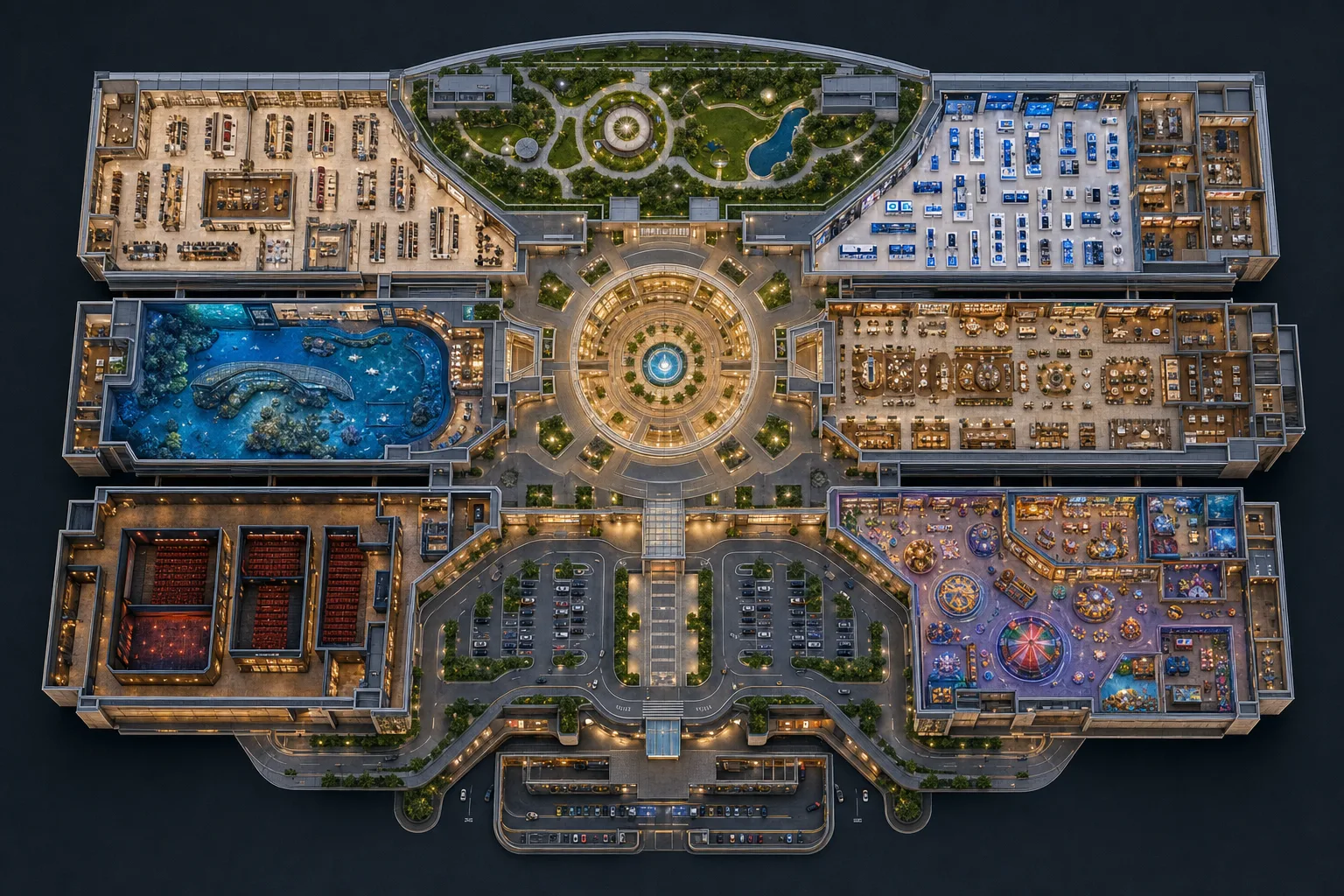 A shopping centre floor plan with regions marked on individual units.
